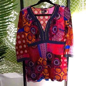 ANAC Designed by Kim Mesh Patchwork Tunic Top - Size L - Boho Retro Geometric